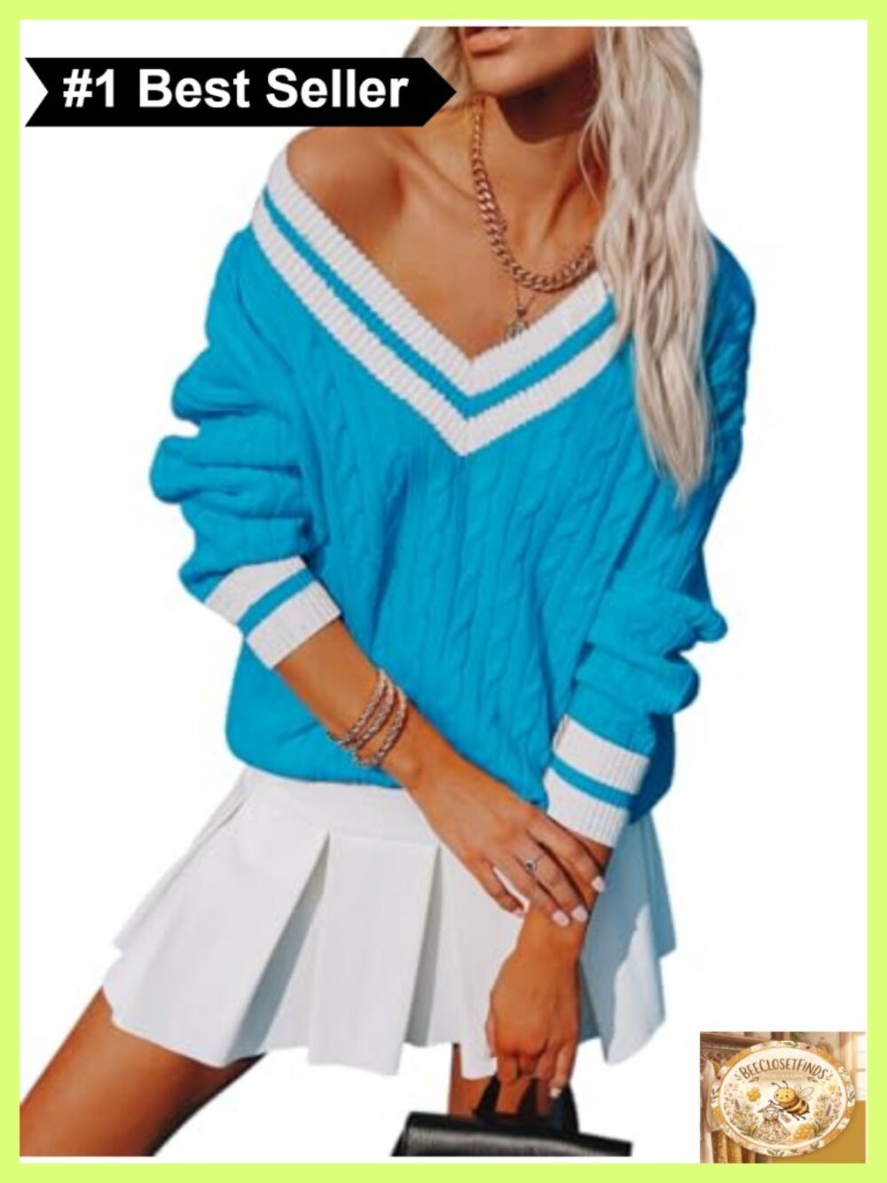 Oversized V Neck Cable Knit Striped Pullover Sweater Long Sleeve Chunky Tunic